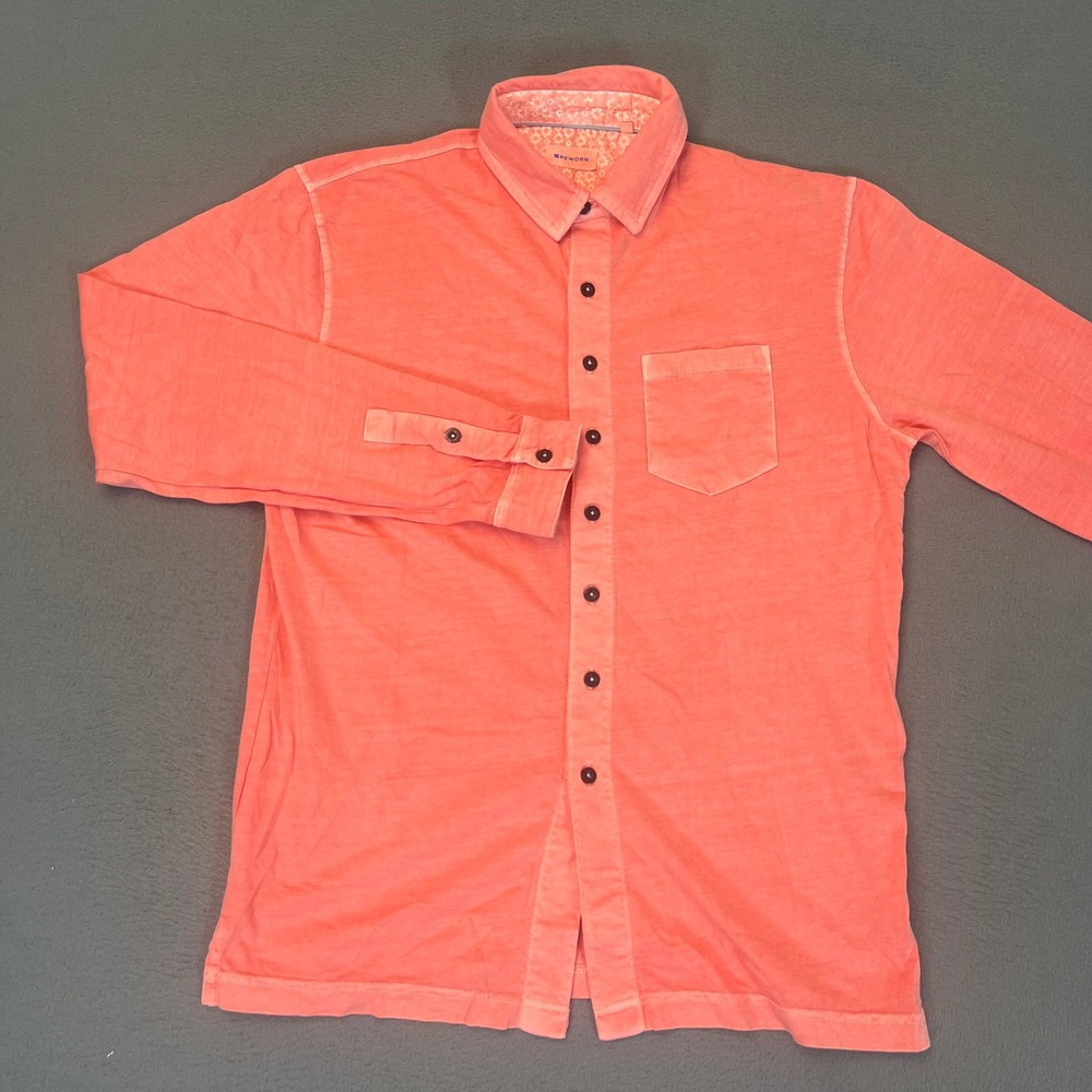 Reworn Mens Small Coral Pink Long‎ Sleeve Cotton Button Down Shirt Pocket